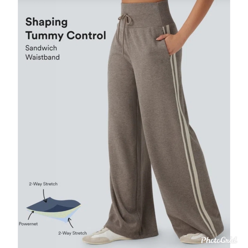 Halara Ribbed High Waisted Tummy Control Wide Leg Pants Size XLarge In Taupe NEW - Picture 5 of 12